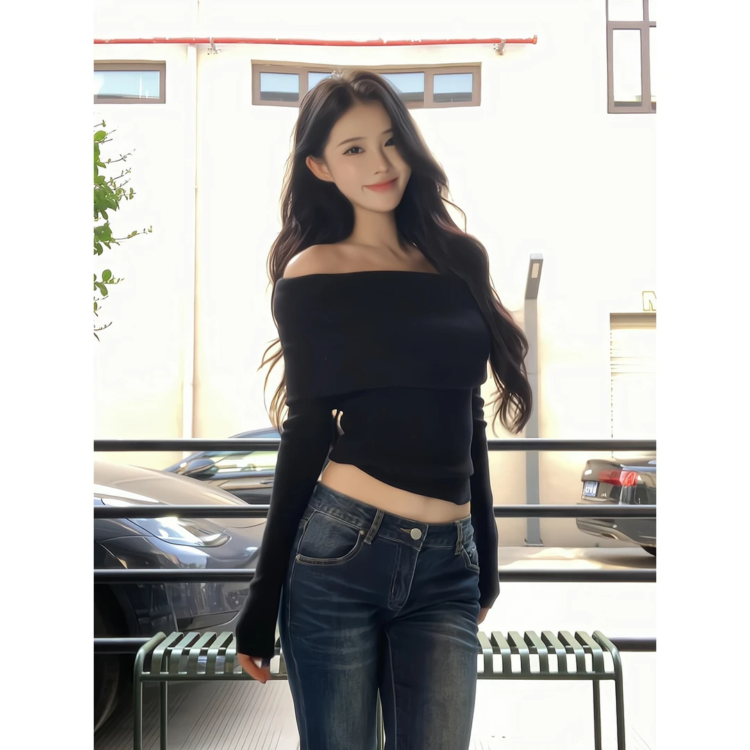 秋冬新款黑色一字肩上衣女针织衫露肩修身直筒宽松休闲微喇牛仔裤