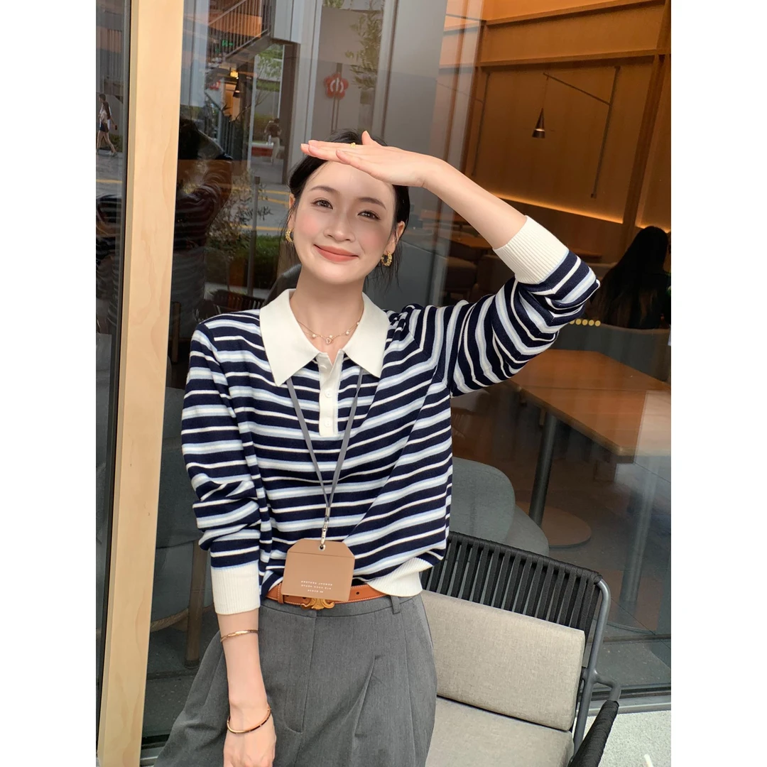简约气质撞色条纹polo领针织衫女早秋季高级感宽松百搭老钱风上衣