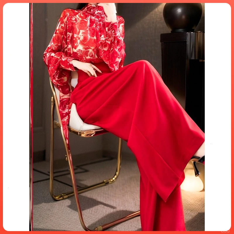 miu系千金风秋季洋气穿搭红色玫瑰花灯笼袖上衣阔腿裤两件套装女