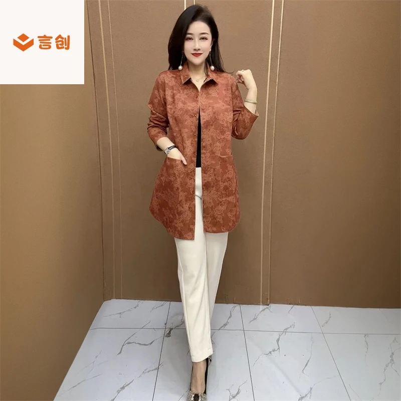 318高端春秋新款宽松休闲空气棉妈妈中长款弹力衬衣大码风衣外套