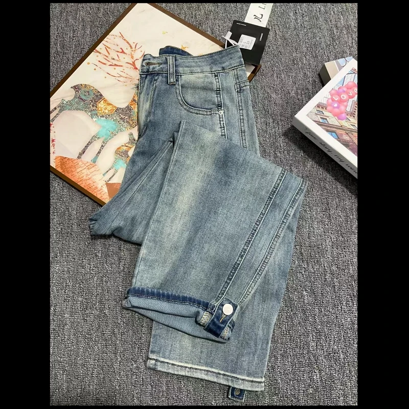 5001#高腰牛仔裤女春秋新款浅色直筒设计哈伦萝卜老爹女裤子