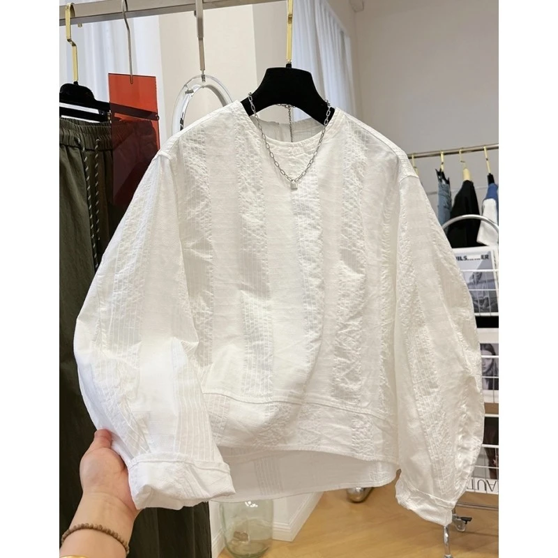 D02000韩系独特别致圆领长袖衬衫女春秋法式小衫超好看肌理感上衣