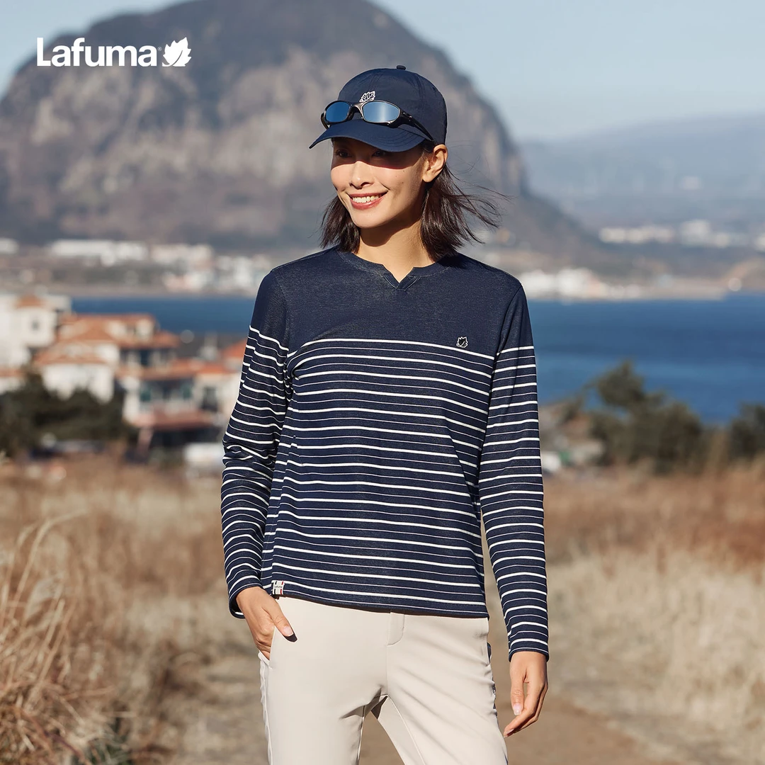 LAFUMA乐飞叶户外25吸湿速干V领长袖T恤女休闲条纹圆领LFTS5CL61