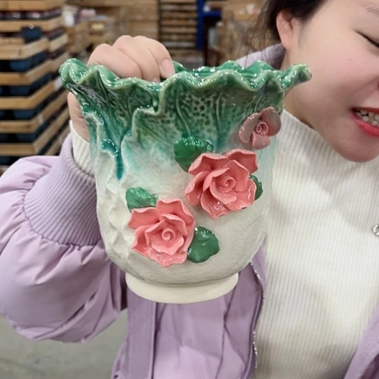 红陶花盆里还有几棵树上