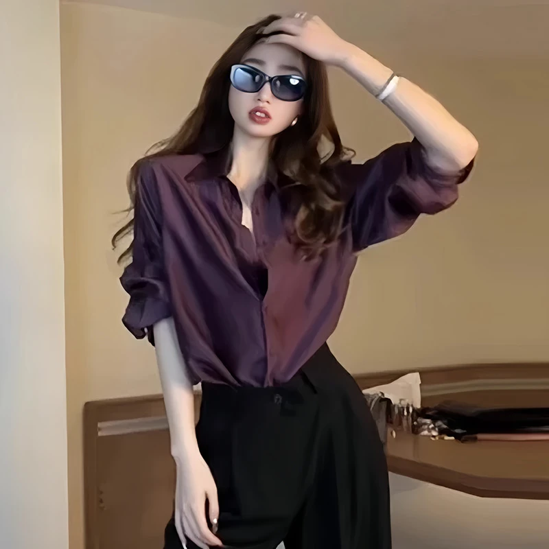 韩系紫色醋酸缎面防晒衬衫外套女季薄款外搭真丝衬衣上衣高级感