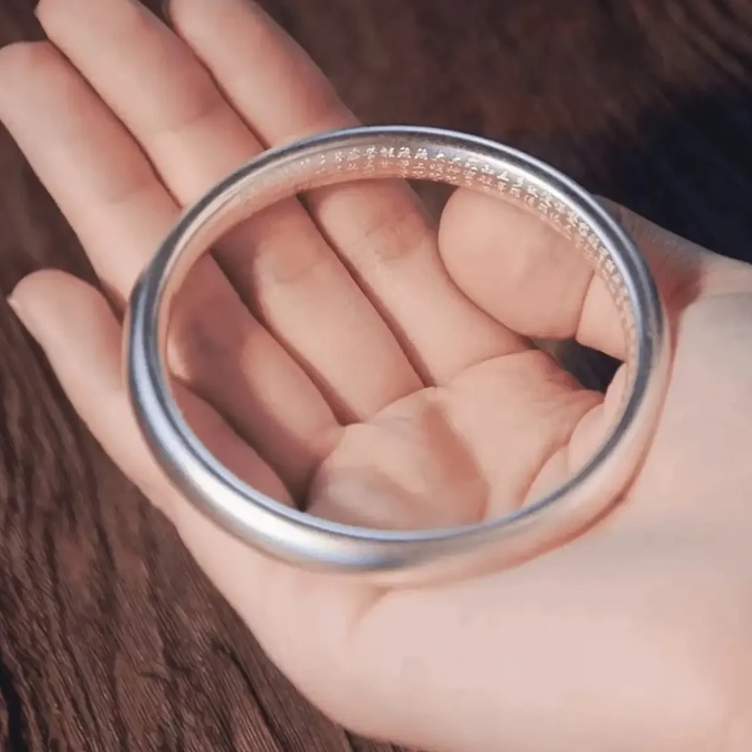 足银手镯 足银999闭口泥鳅背古法心经磨砂素圈银镯子送女友