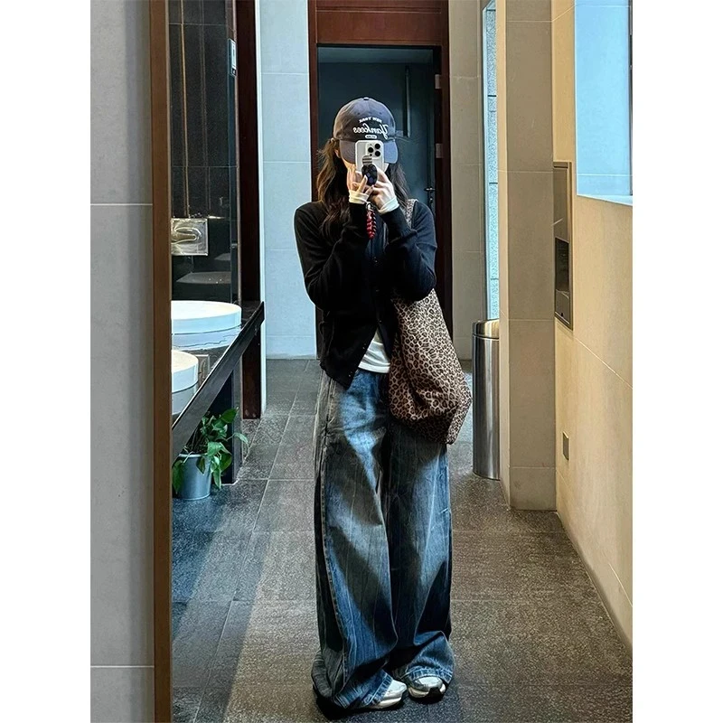 美式复古水洗微喇阔腿牛仔裤女春季2025新款小众高腰直筒宽松裤子