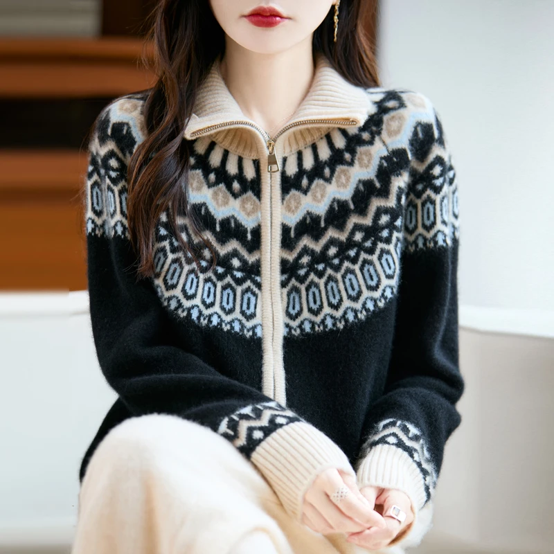 羊毛衫翻领立领双拉链款宽松显瘦百搭款毛衣女
