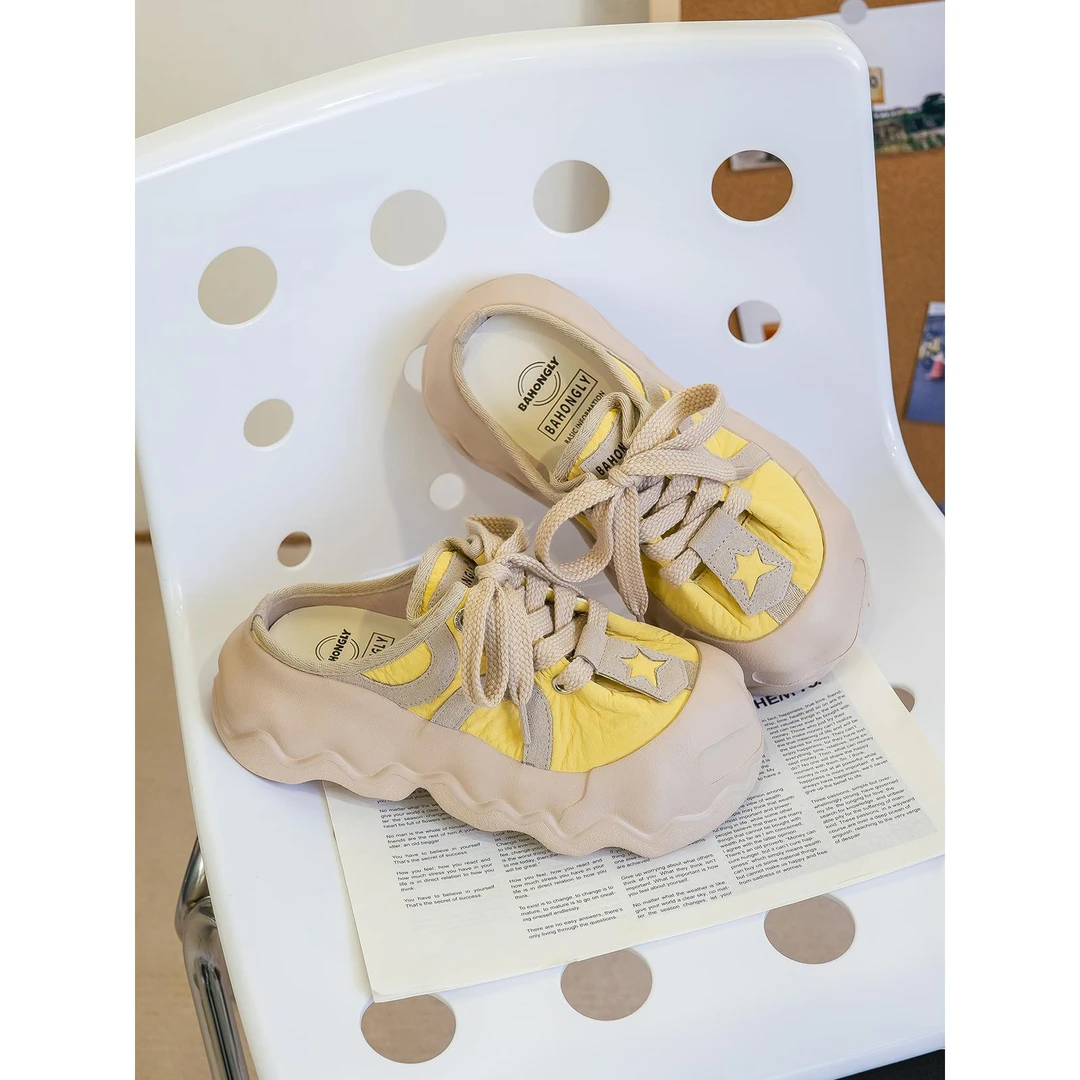 欧美2025春新款丑萌大头半拖鞋女黄灰色厚底一脚蹬无跟包头拖高级