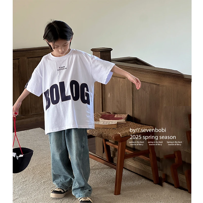 【现货】男童2025夏季新款T恤休闲百搭宽松潮流中大童儿童短袖