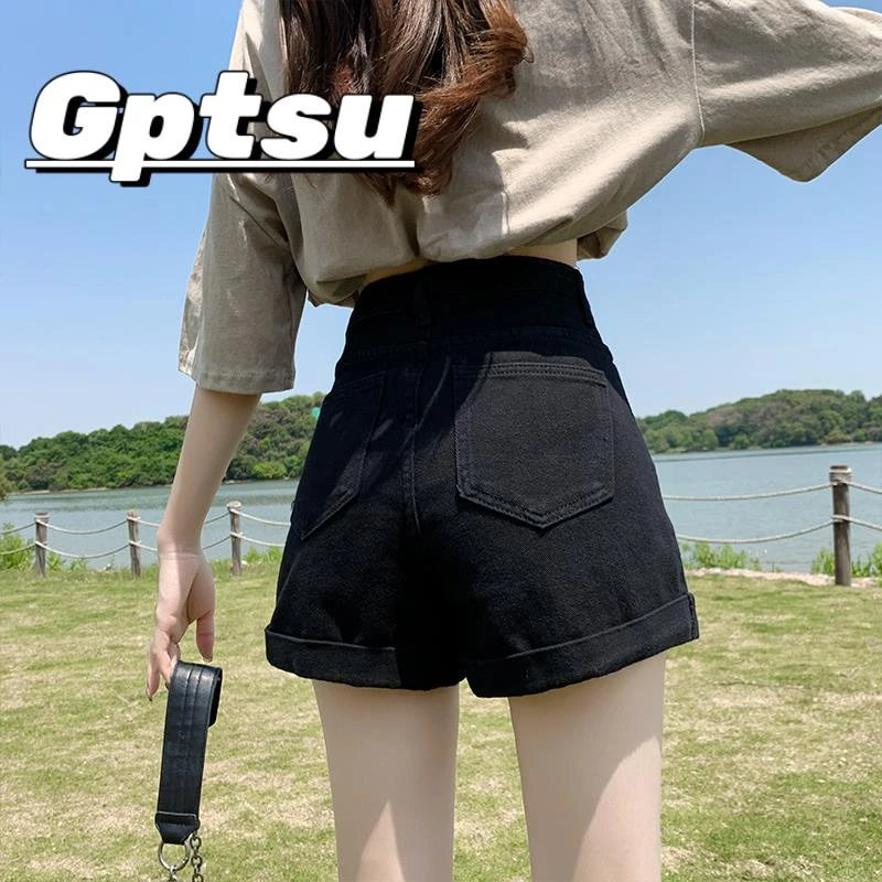 GPTSu黑色牛仔短裤女夏季薄款2025款高腰显瘦宽松a字辣妹卷边热裤
