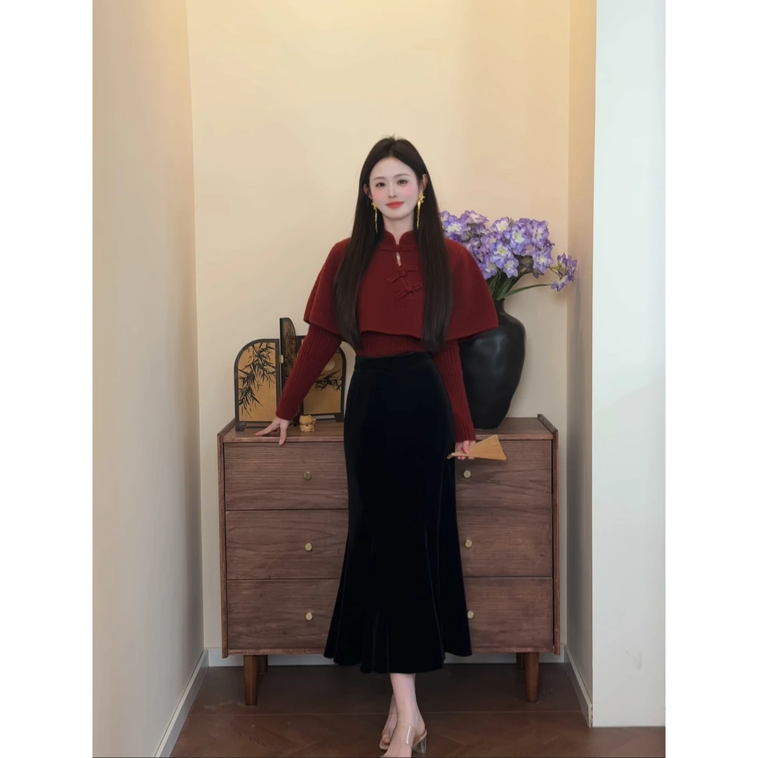 【延熙】<77>新中式盘扣斗篷+竖坑条毛衣XMZH9869