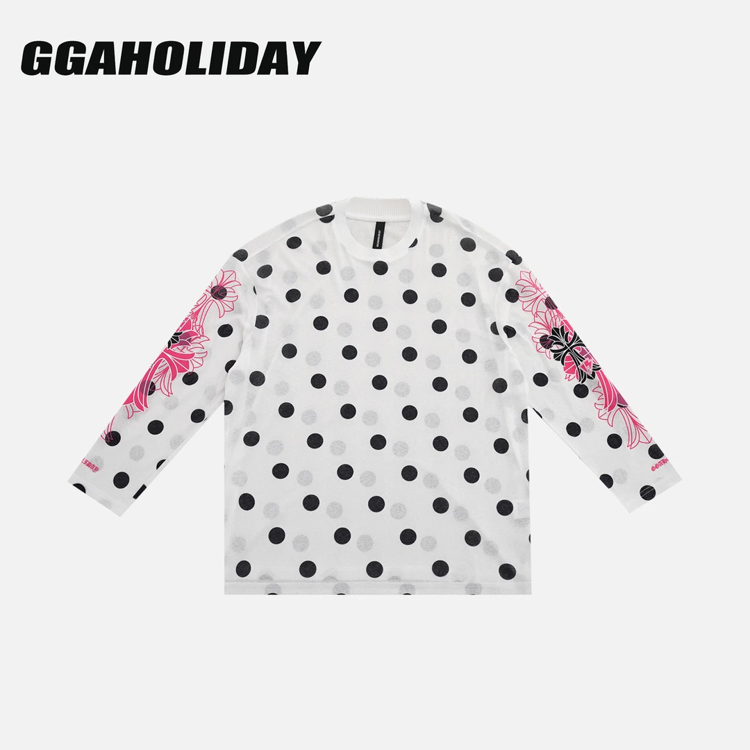 GGAHOLIDAY新款时尚长袖宽松型套头圆领休闲波点T恤打底衫-153073