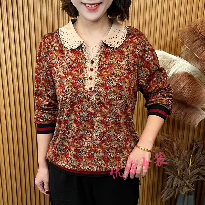 2025春季新款时尚翻领撞色花色宽松显瘦洋气妈妈装长袖上衣 A6809