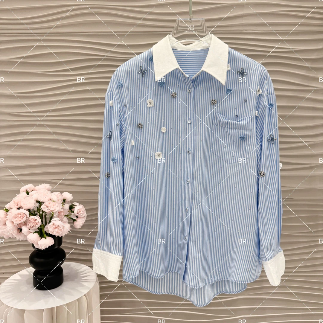 【JJ高定】法式气质减龄重工钉珠条纹衬衫2025秋季新款时尚衬衫5287