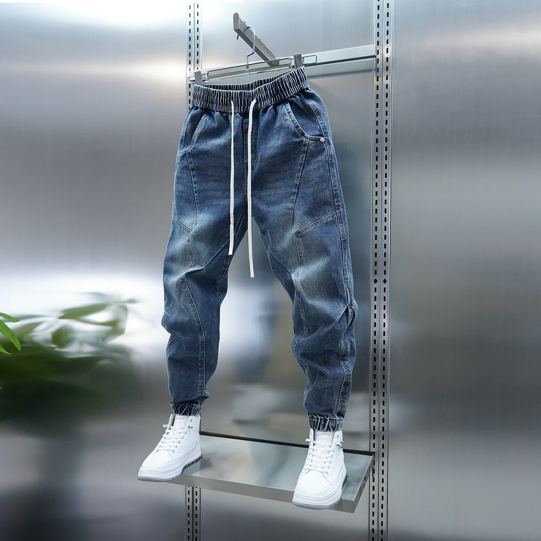 男士束脚牛仔裤松紧腰蓝色拼接小脚裤秋冬潮流新款秋冬季韩版潮