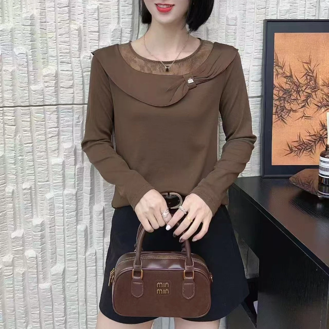 圆领特色蕾丝网领子拼接棉T长袖上衣819