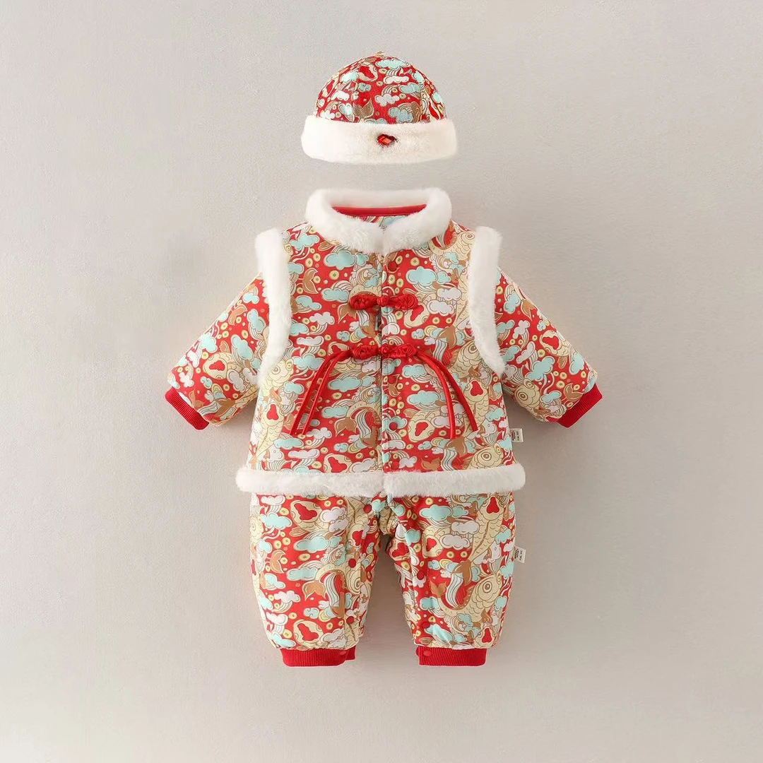 婴幼儿A类纯棉冬季加棉加厚棉服男女宝宝拜年服新品国风喜庆衣服