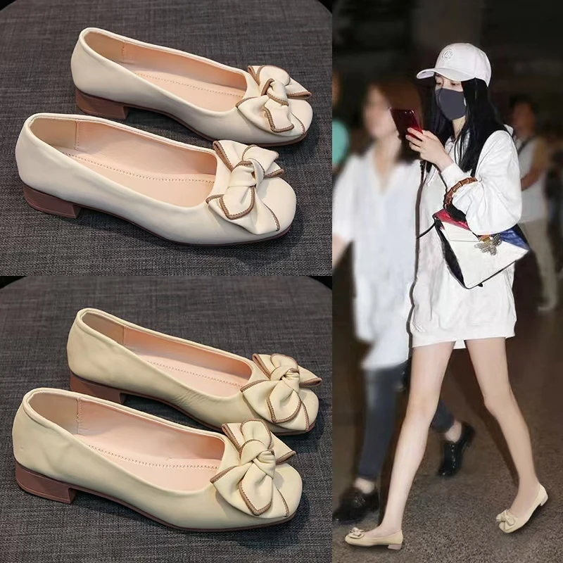 新款蝴蝶结浅口豆豆鞋女春季软底软皮配裙子单鞋瓢鞋浅口单鞋