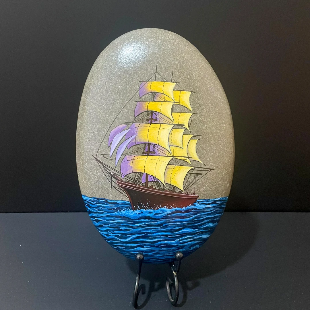 高端手绘防水不掉色丙烯石头画一帆风顺成品办公室礼品摆件精品