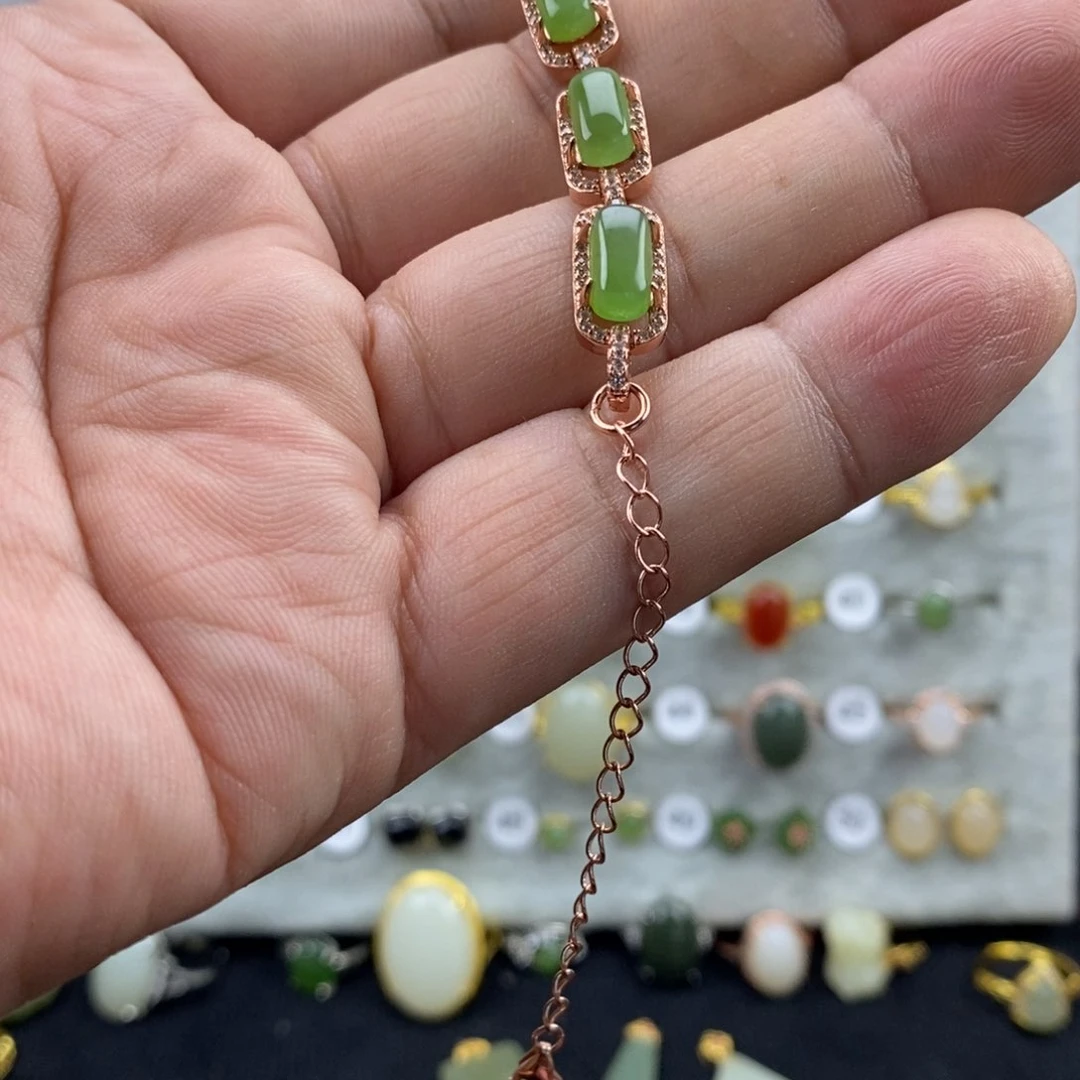 和田玉（碧玉）戒指银S925镀金镶嵌