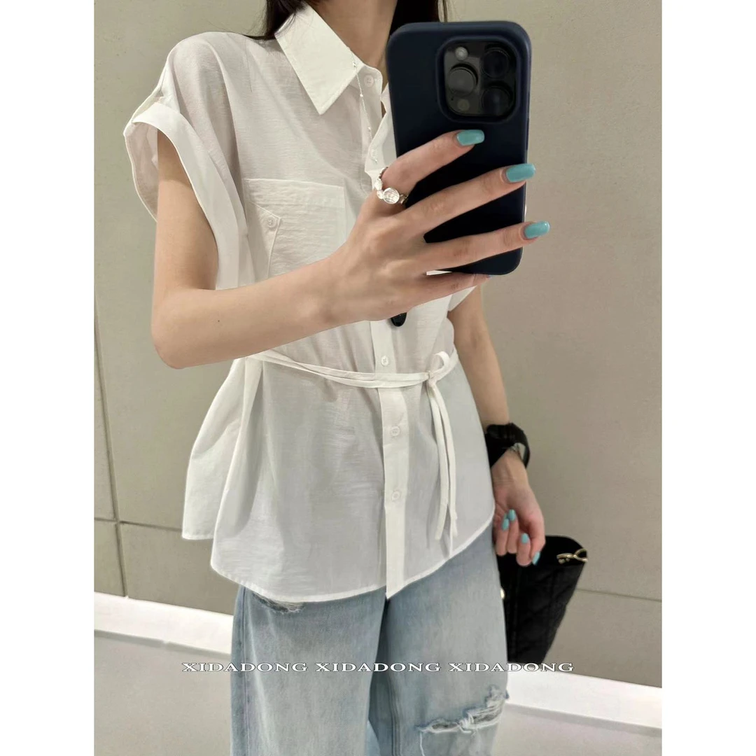 2032#polo领绑带气质显瘦卷边短袖衬衫(福利)