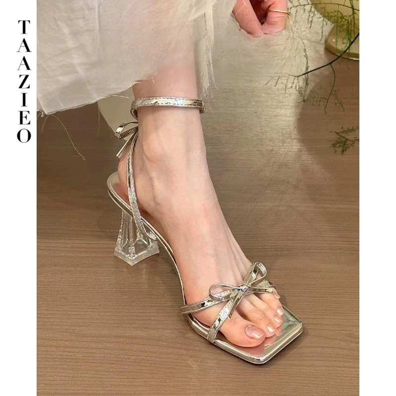 TAAZIEO羊皮版~法式方头蝴蝶结一字带凉鞋女2025新款露趾水晶粗跟