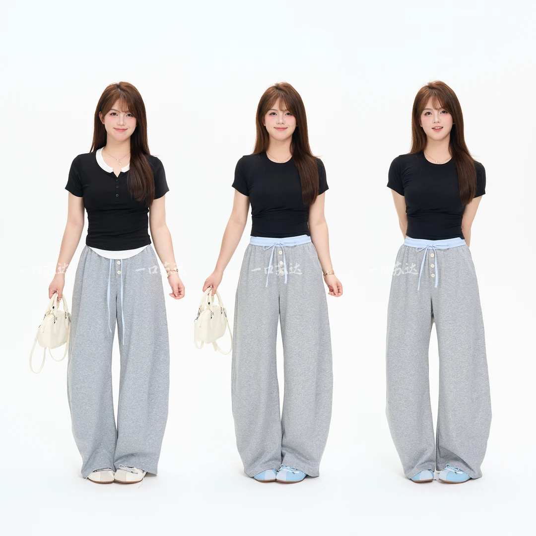 一口苏达氧气夏日 松弛感韩系ins慵懒风遮肉显瘦拼接洋气休闲裤