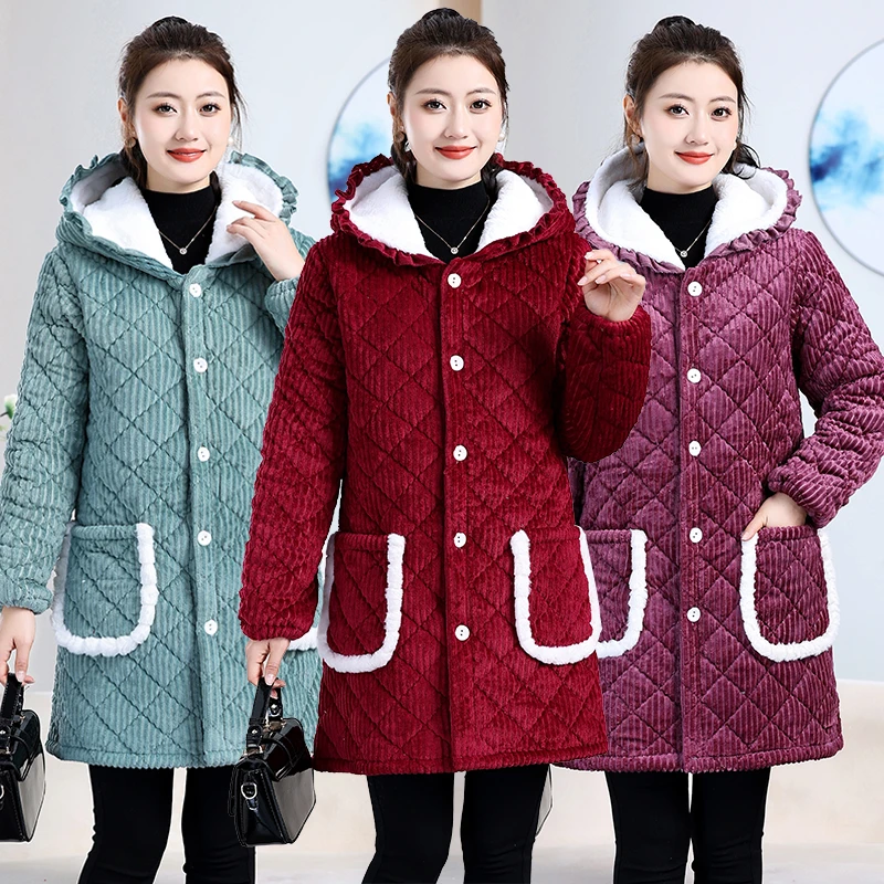 新款中长款时尚减龄花边连帽棉服厚款外套加厚中老年女装妈妈装
