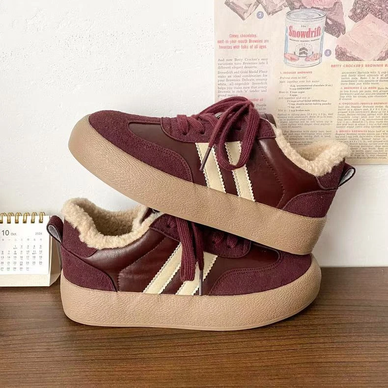 6579 酒红 羊羔毛绒厚底加绒德训鞋加厚保暖板鞋2024新款百搭棉鞋