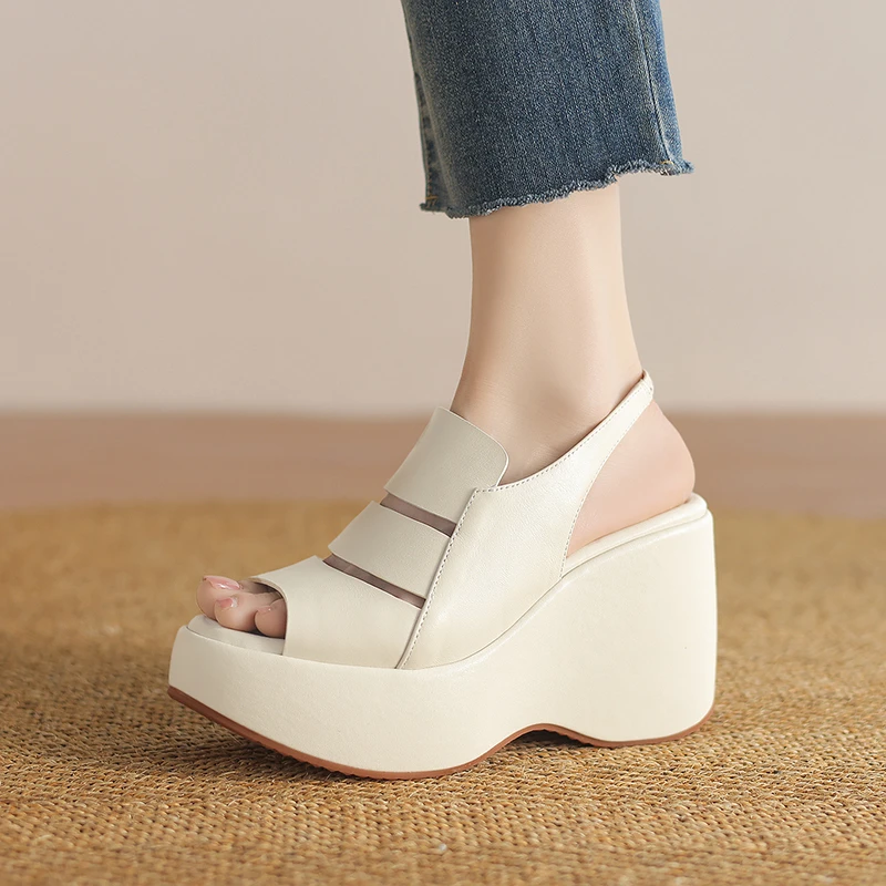 头层牛皮10cm厚底复古露趾一字带凉鞋小个子增高显瘦夏季百搭凉鞋