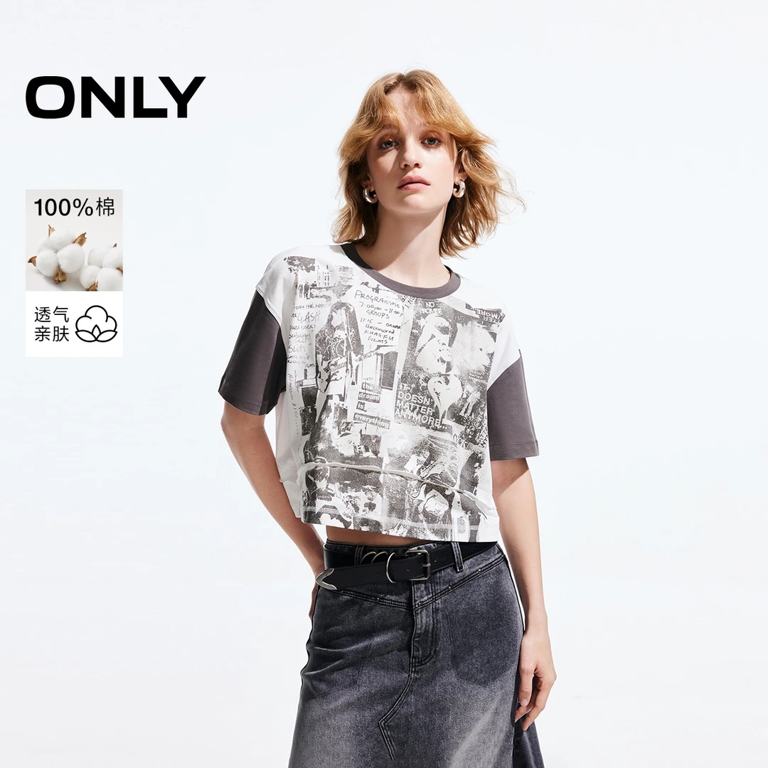 ONLY2025春季新款潮流酷感圆领宽松印花撞色短款T恤女|125101029