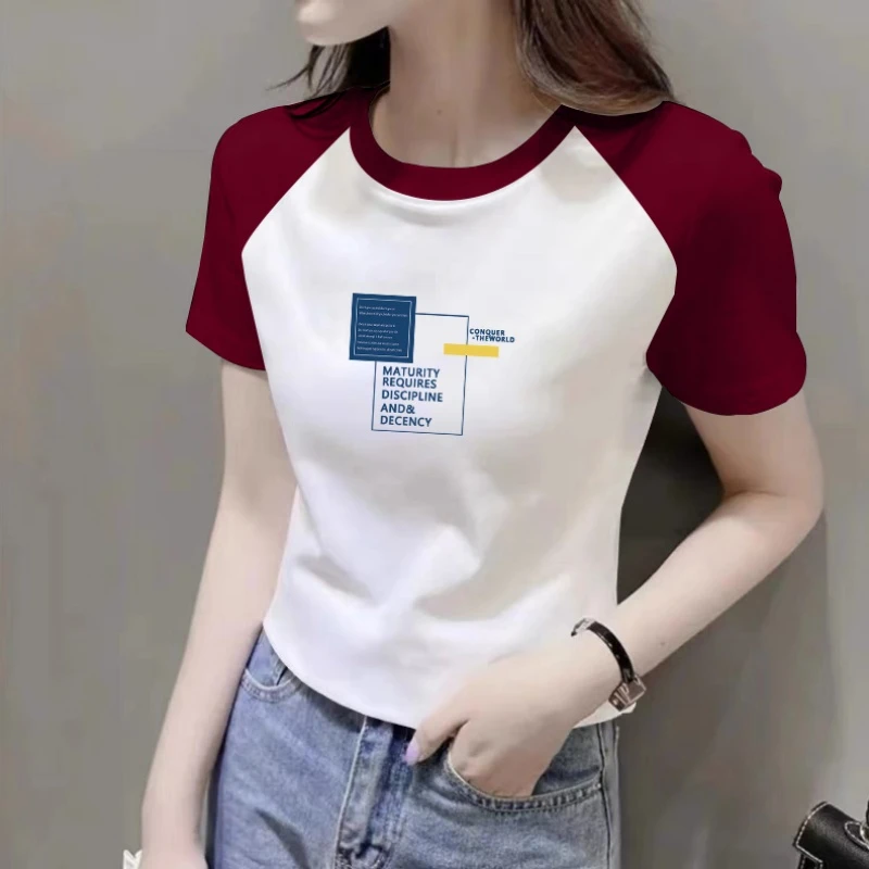 正肩短袖t恤女士夏季字母印花体恤撞色拼接插肩小衫修身半袖上衣