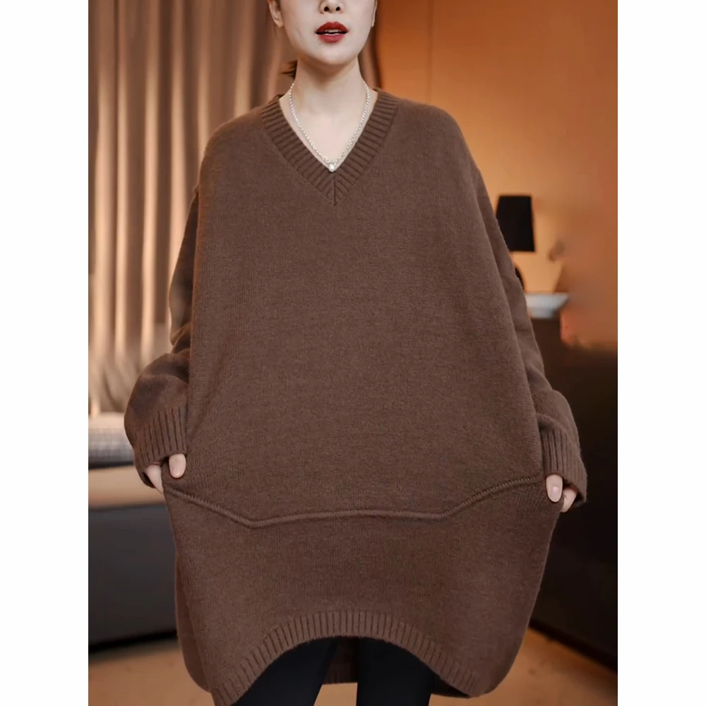 咖色V领针织衫女秋冬新款慵懒高级感毛衣宽松大码减龄中长款上衣
