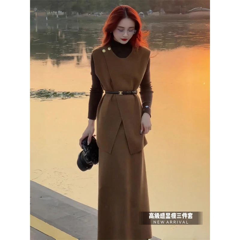 拉夏贝尔时尚套装女2025春秋高级感显瘦气质名媛马甲套装裙三件套