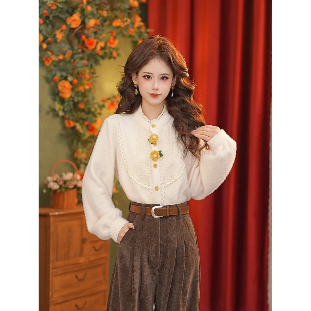 张嘉圆【雪蕊】拼接宽松显瘦衬衣上衣女加厚保暖打底衬衫#S14908