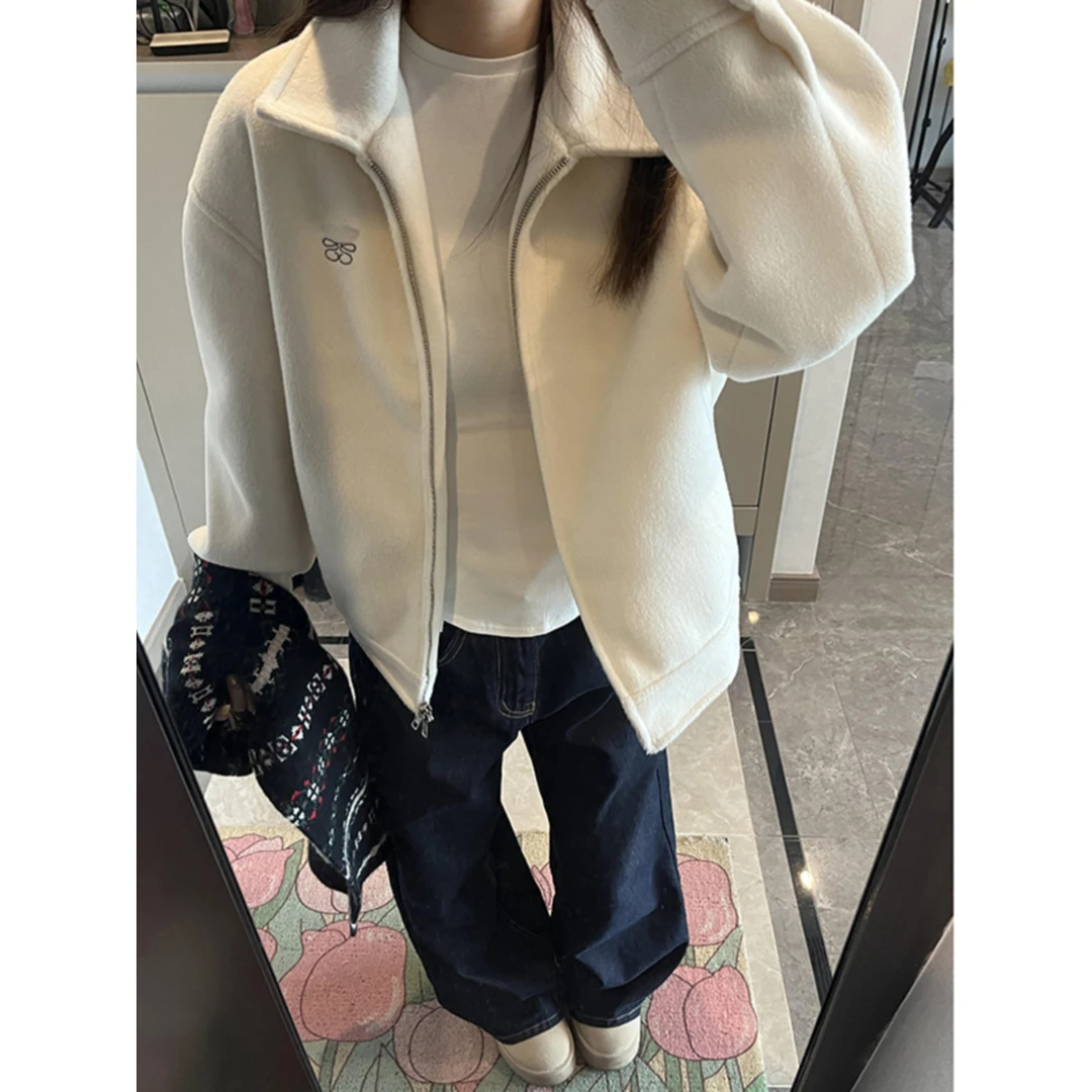 韩版复古翻领毛呢外套女2025春季新款高级感百搭休闲开衫夹克上衣