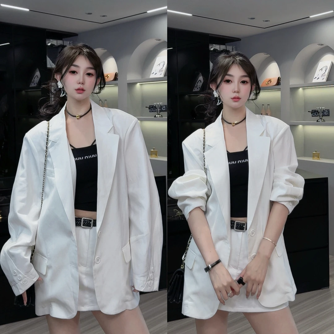 欧货大码白色亚麻西装外套女2025夏新款薄款麻料垫肩西服休闲上衣