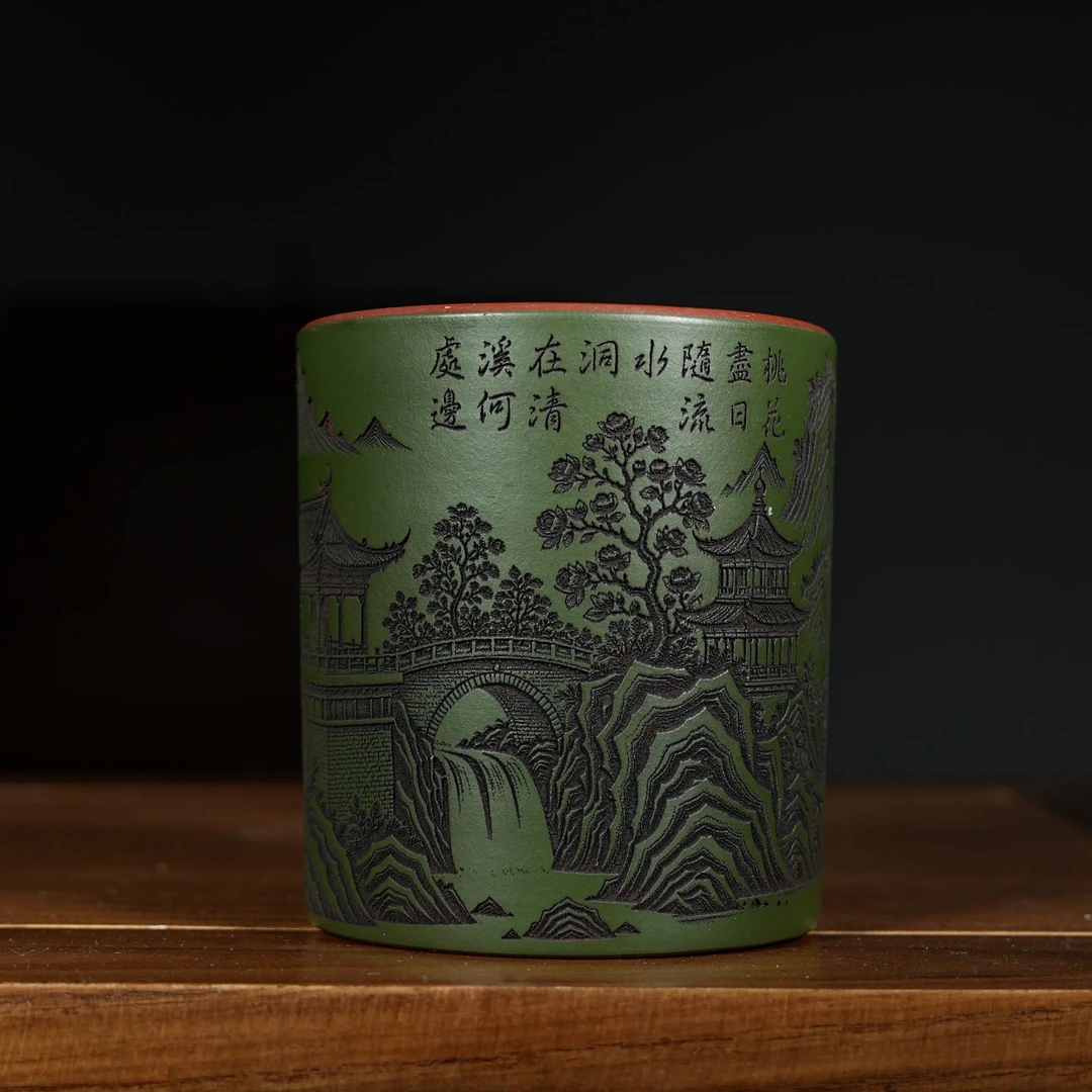 宜兴原矿清水泥粉绿泥刻绘山水紫砂手工主人杯容量200CC
