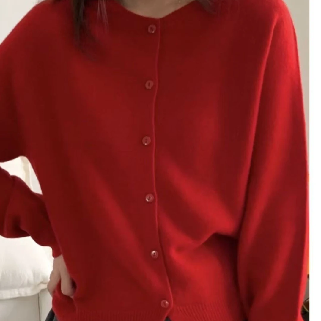 半高领针织衫春秋宽松型针织毛衣宽松纽扣红色打底