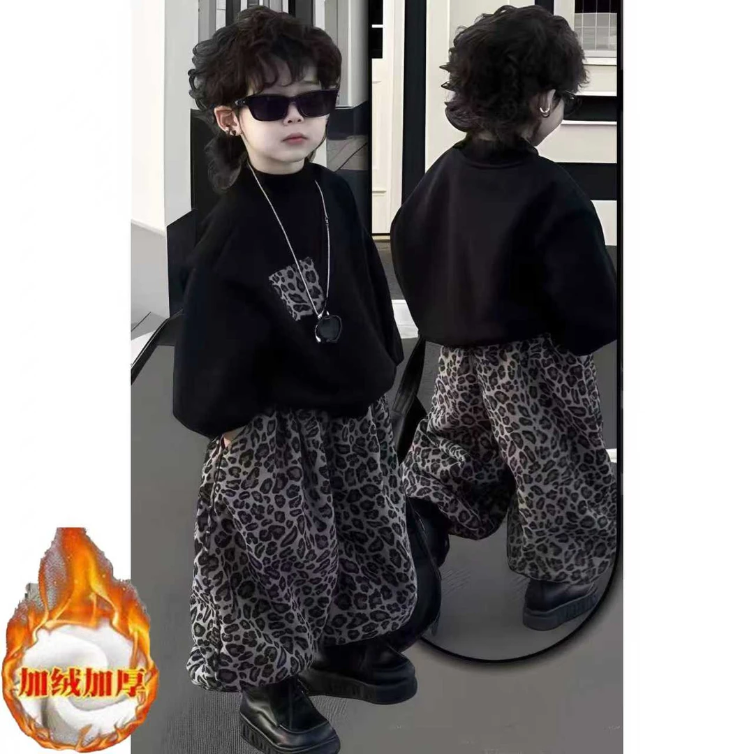 男女宝儿童加绒冬季新款亲子套装豹纹卫衣灯笼裤两件套装韩版百搭