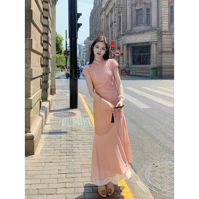 品味生活的高级感~新中式国风复古改良款立领旗袍拼接修身连衣裙