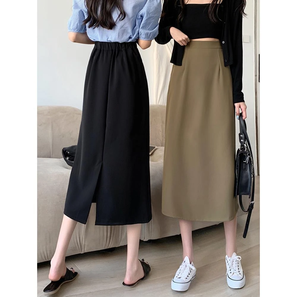 梨形身材a字半身裙女夏季薄款大码胖mm显瘦遮胯中长款开叉西装裙