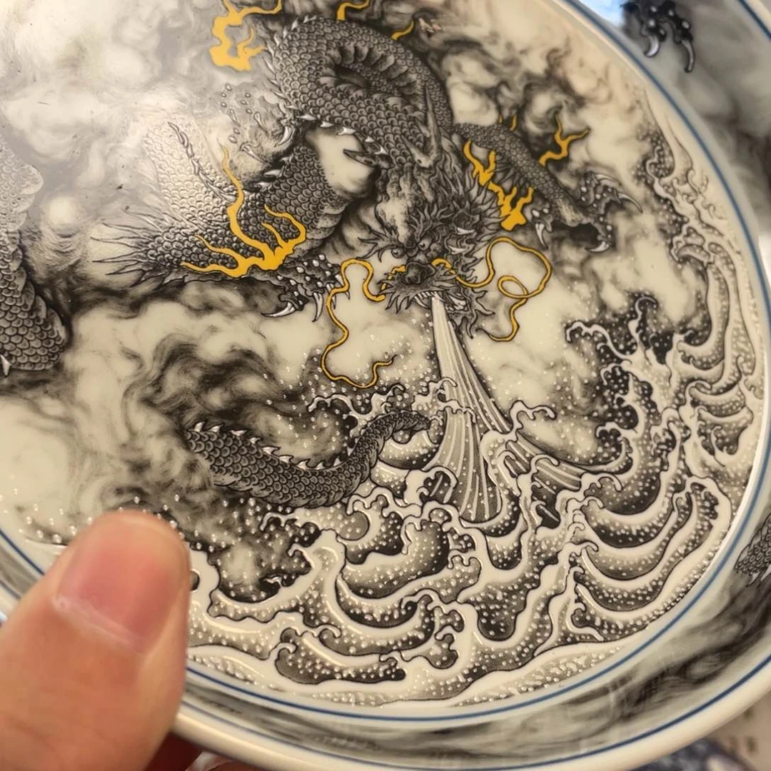 瓷片景德镇黑墨龙游海大壶承