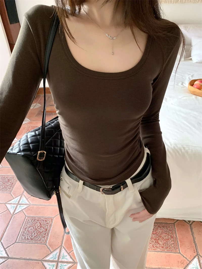 咖色磨毛内搭打底衫女秋冬季2025新款高级感U领美拉德修身上衣ins