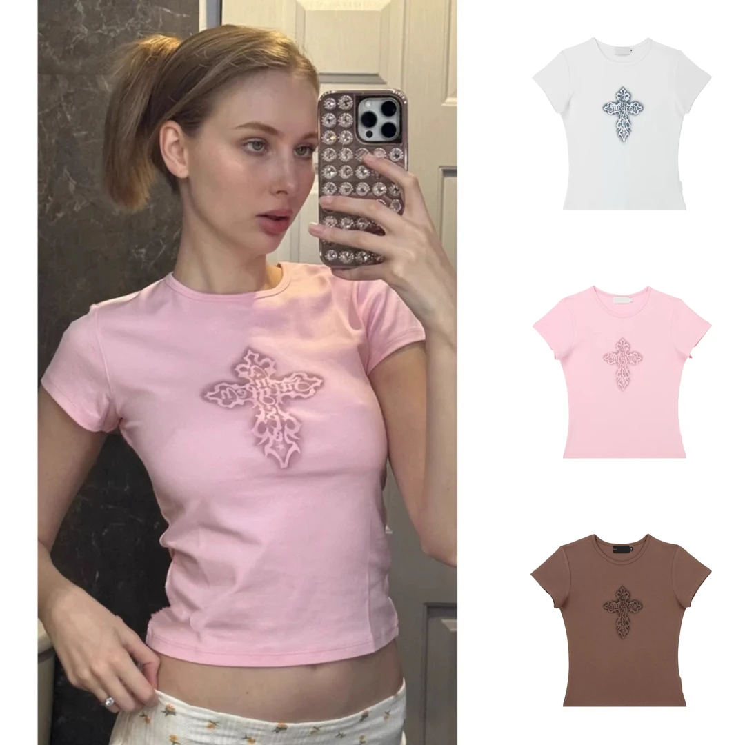 夏日街头交错十字印花紧身高弹显瘦掐腰百搭修身短袖T恤衫