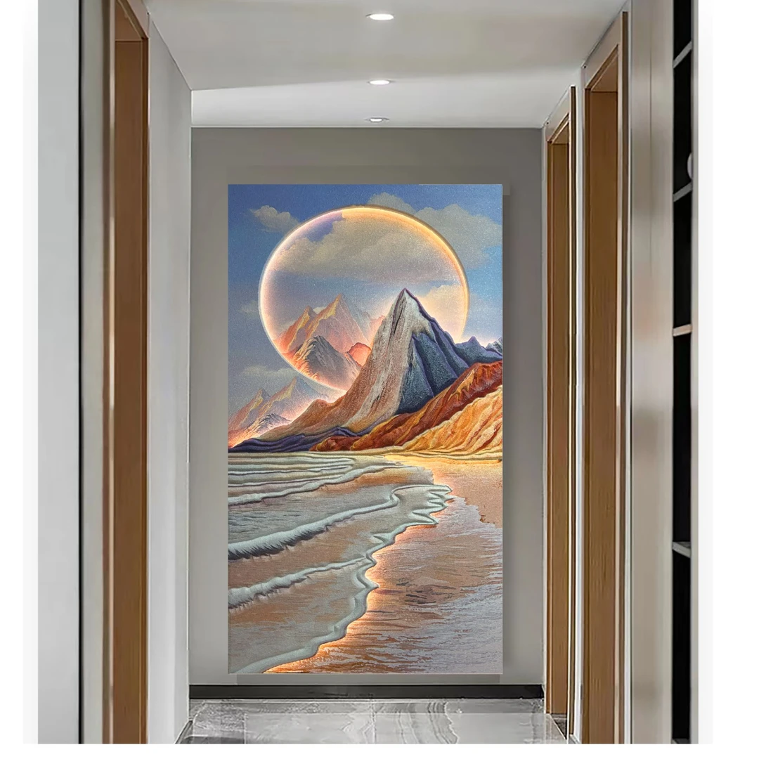 日照金山旭日东升现代走立体浮雕砂岩廊灯光装饰画挂画入户过道画