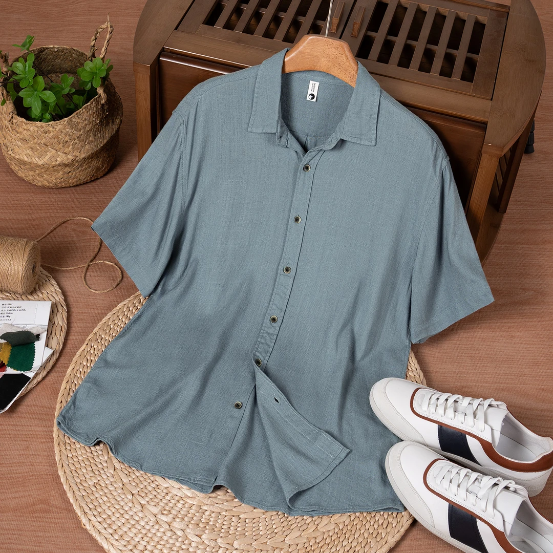 亚麻纯色休闲衬衫两件套衬衣透气男士新款亚麻短袖男薄款夏季夏装