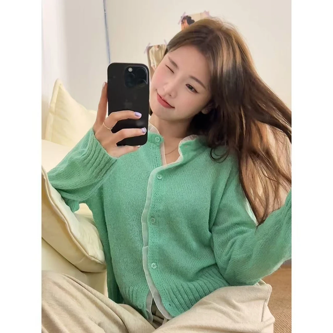 【青青推荐】春季新款百搭纯色拼接花边长袖针织开衫外套女#5526