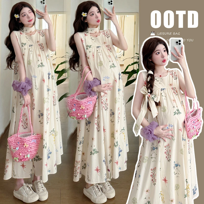 孕妇夏装2025新款韩版宽松遮孕肚碎花连衣裙法式穿搭时尚大码长裙